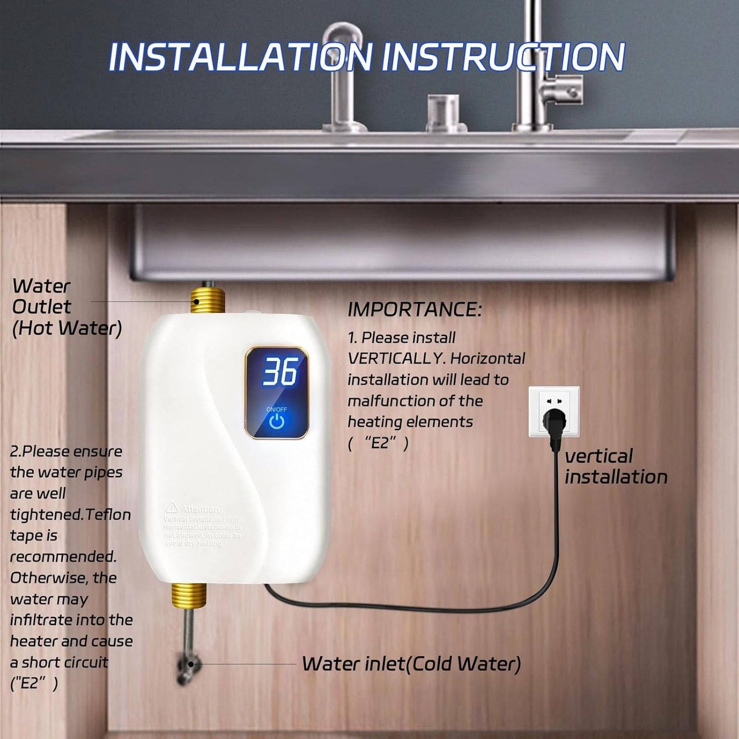 Water Heater Electric 110V, 3000W Instant Electric Water Heater, Under Sink on Demand Hot Water Heater with Digital Display