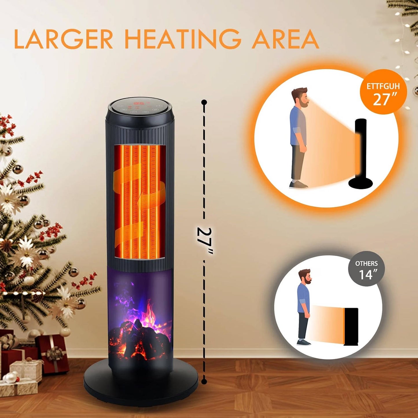 27" Ceramic Tower Space Heater, Electric Heater for Large Rooms with 3D Flame, Oscillation & Remote Control