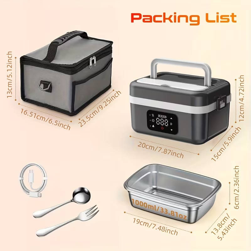 Electric Heated Lunch Box, Cordless 12000mAh Portable Food Warmer, Leak Proof Stainless Steel Container with Timer
