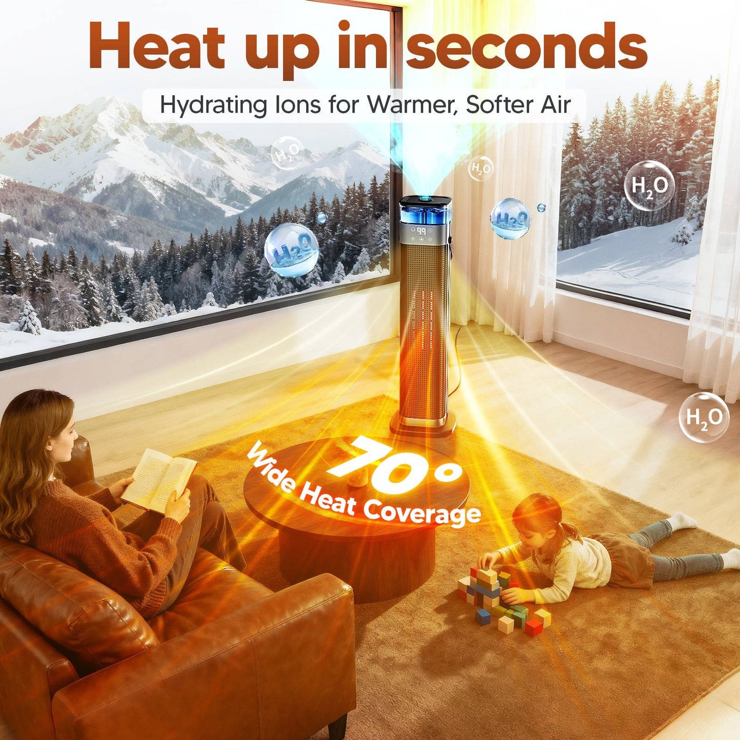 2000W Space Heater, 2 in 1 Ceramic Tower Heater with Humidifier and 3D Flame Effect for Large Room Bedroom Office Home
