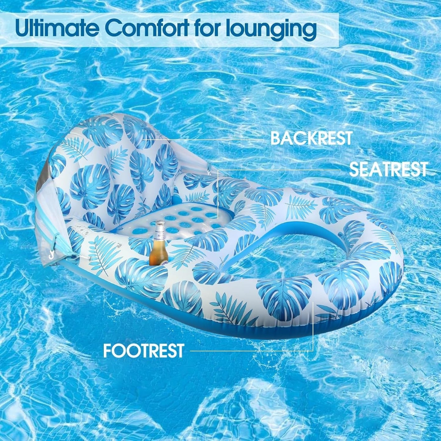 Pool Lounge Float with Canopy with Cup Holder, Backrest, Footrest for Adults, Heavy Duty, Inflatable