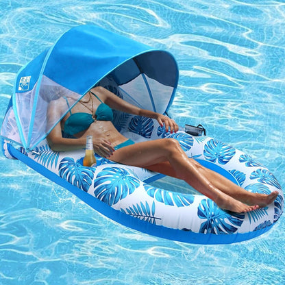 Pool Lounge Float with Canopy with Cup Holder, Backrest, Footrest for Adults, Heavy Duty, Inflatable