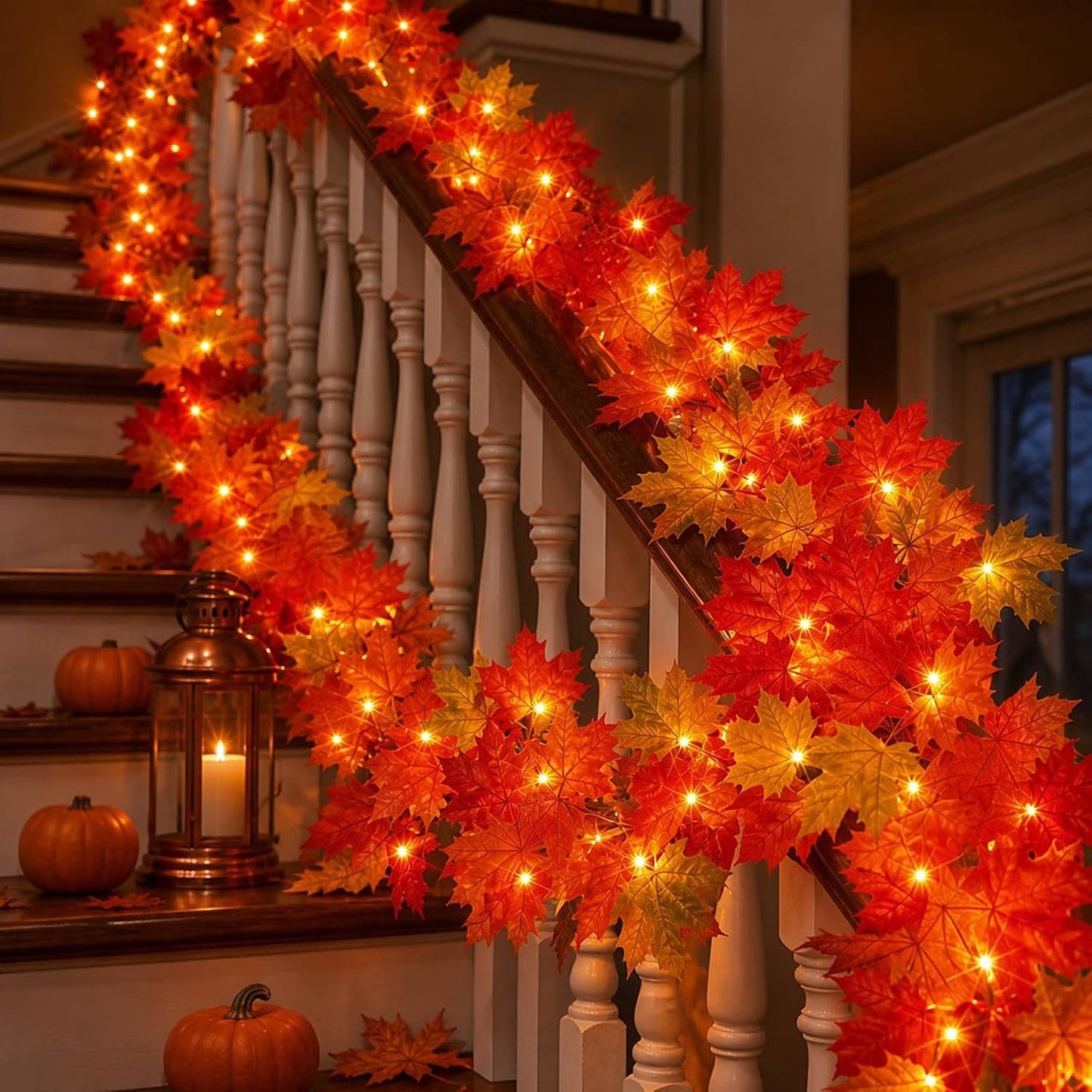 9FT Fall Garland with Lights, 50 Orange Incandescent Bulbs, Plug In Connectable Fall Lights for Indoor Outdoor Halloween Harvest Thanksgiving Decor