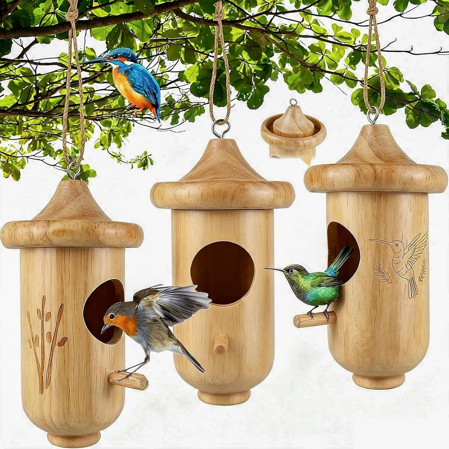 House for Outside Nesting 3 Pack with Bird Feeder, Small Wooden Bird House for Outdoors with Hemp Ropes