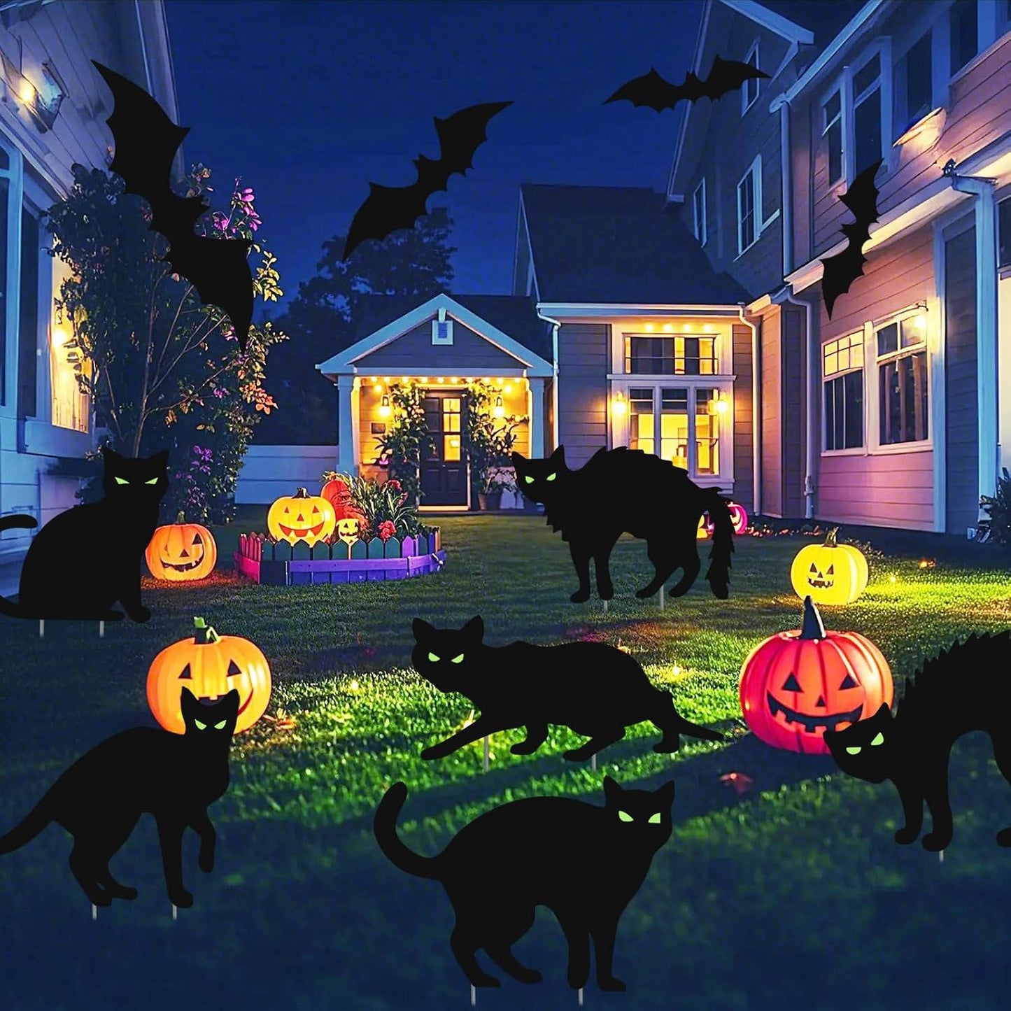 6 Pack Halloween Black Cat Yard Decorations, Waterproof Lawn Signs with Stakes and Glow in Dark Eyes for Outdoor Halloween Decor