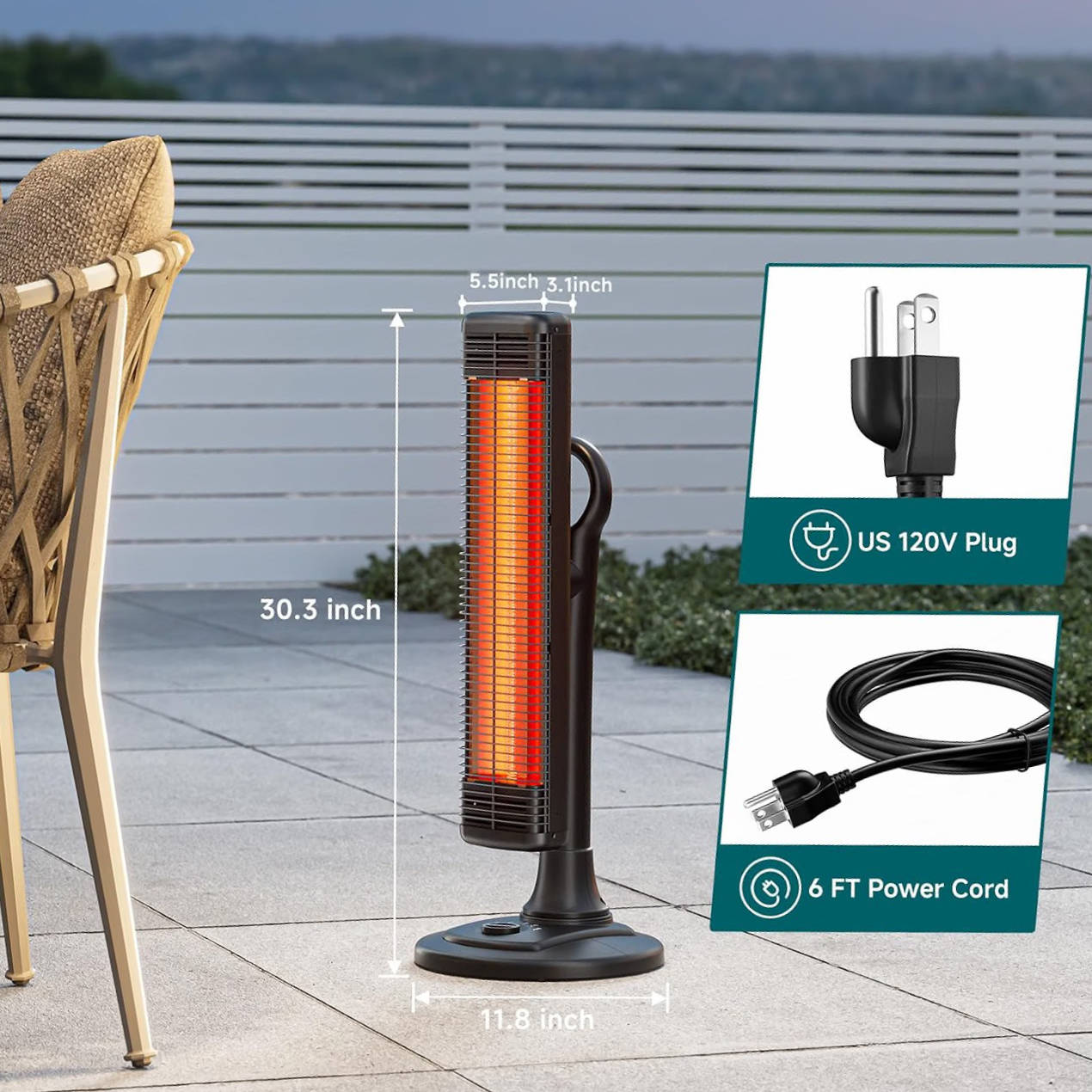 Outdoor Infrared Patio Heater, 500W/1000W Portable Electric Floor Heater with Carbon Fiber Tube, Waterproof Overheat Protection