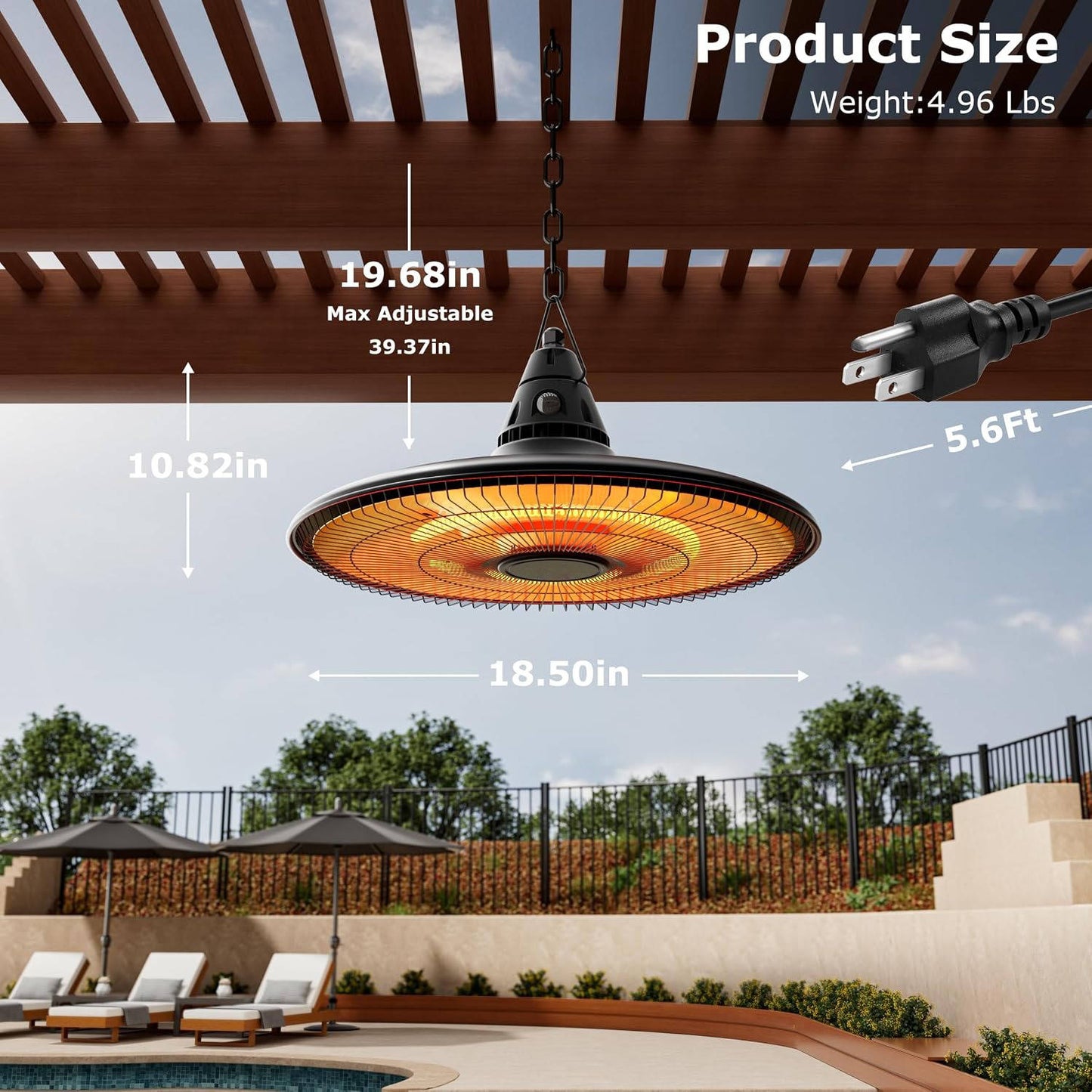1500W Hanging Patio Heater, Outdoor Electric Infrared Ceiling Heater with Remote Control, Waterproof