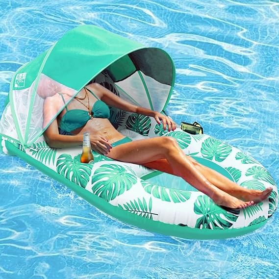 Pool Lounge Float with Canopy with Cup Holder, Backrest, Footrest for Adults, Heavy Duty, Inflatable