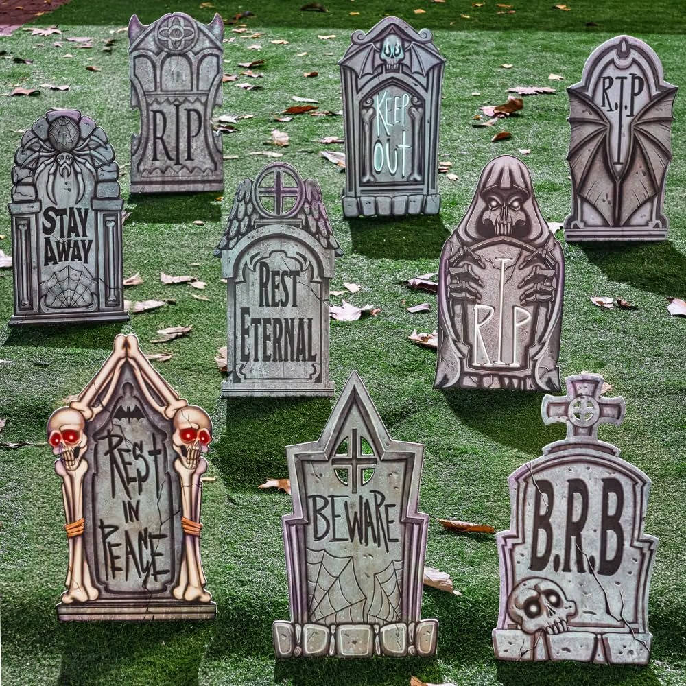 9 PCS 16 Inch Halloween Tombstones, Plastic Graveyard Headstones with 18 Metal Stakes for Outdoor Yard Lawn and Party Decor