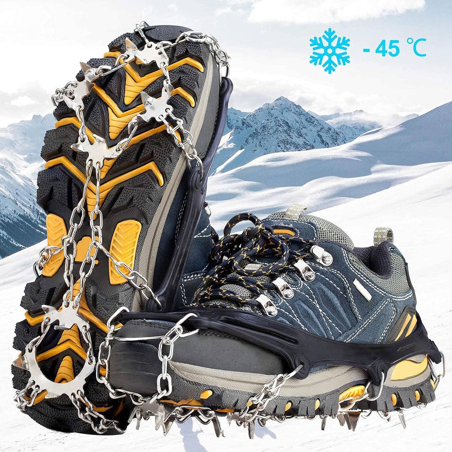 Ice Cleats for Shoes & Boots, 19 Stainless Steel Spikes, Anti Slip Snow Traction Grips for Hiking, Walking & Climbing