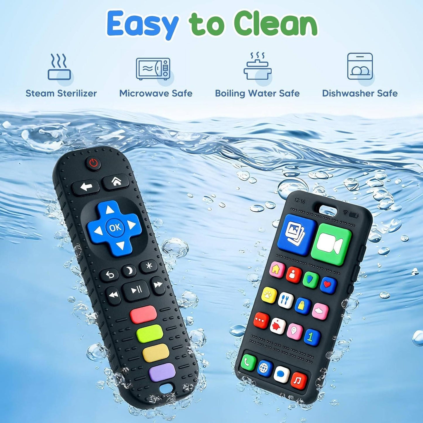 Baby Remote Control Teether Set 2 Pack, BPA Free Silicone Sensory Teethers for Gum Relief and Infant Care