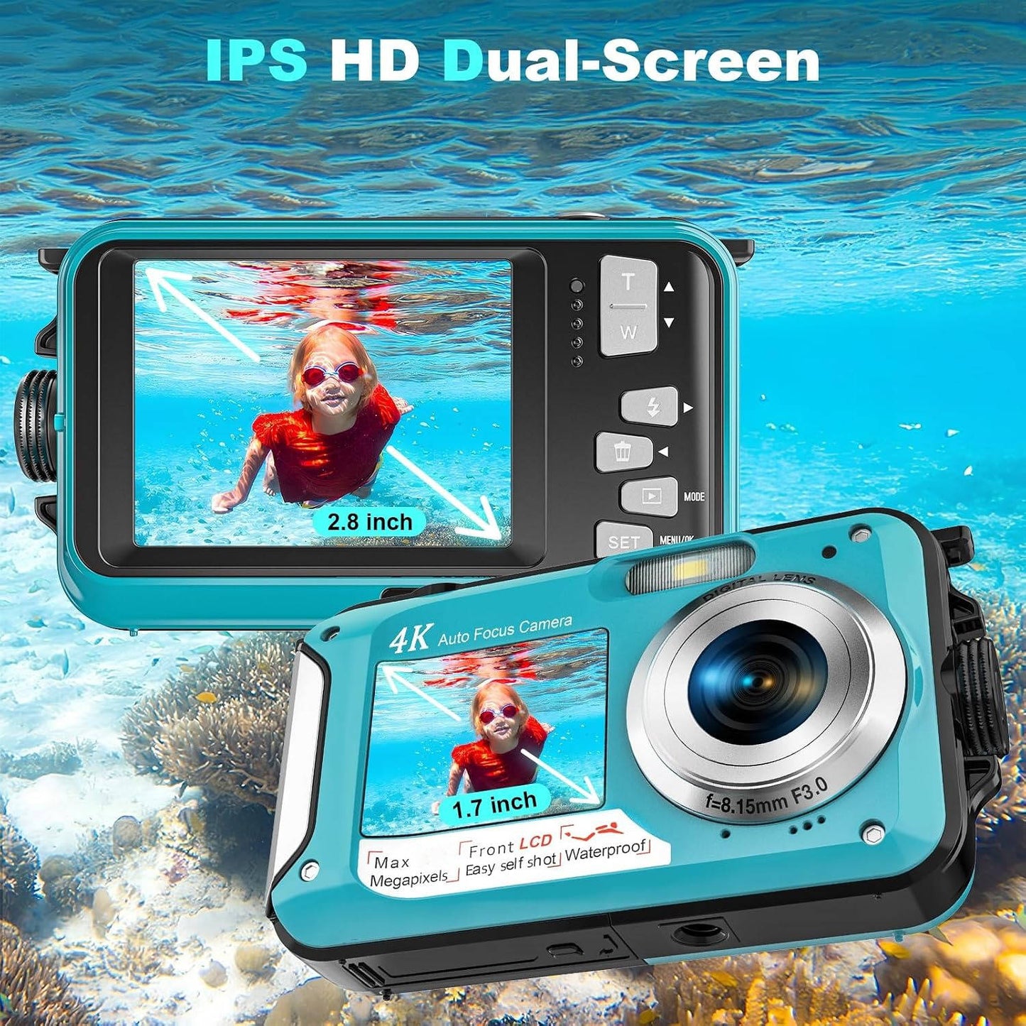 4K 64MP Underwater Digital Camera, Waterproof Camera for Swimming, Snorkeling & Diving