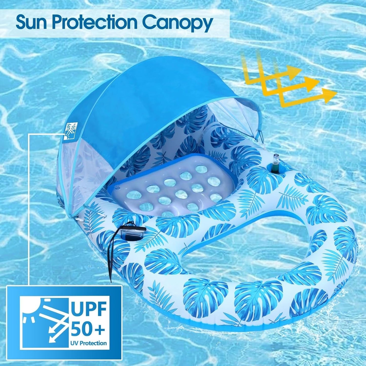 Pool Lounge Float with Canopy with Cup Holder, Backrest, Footrest for Adults, Heavy Duty, Inflatable