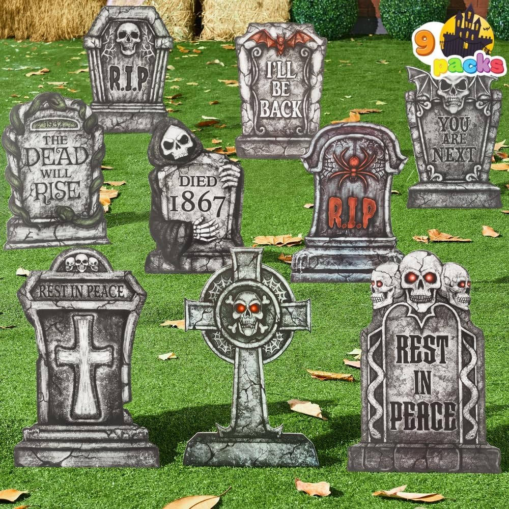 9 PCS 16 Inch Halloween Tombstones, Plastic Graveyard Headstones with 18 Metal Stakes for Outdoor Yard Lawn and Party Decor