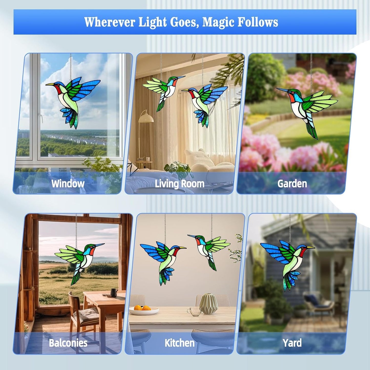 2 Pcs Hummingbird Stained Glass Window Hanging Suncatchers, Handmade Copper Foil Sun Catcher Decor