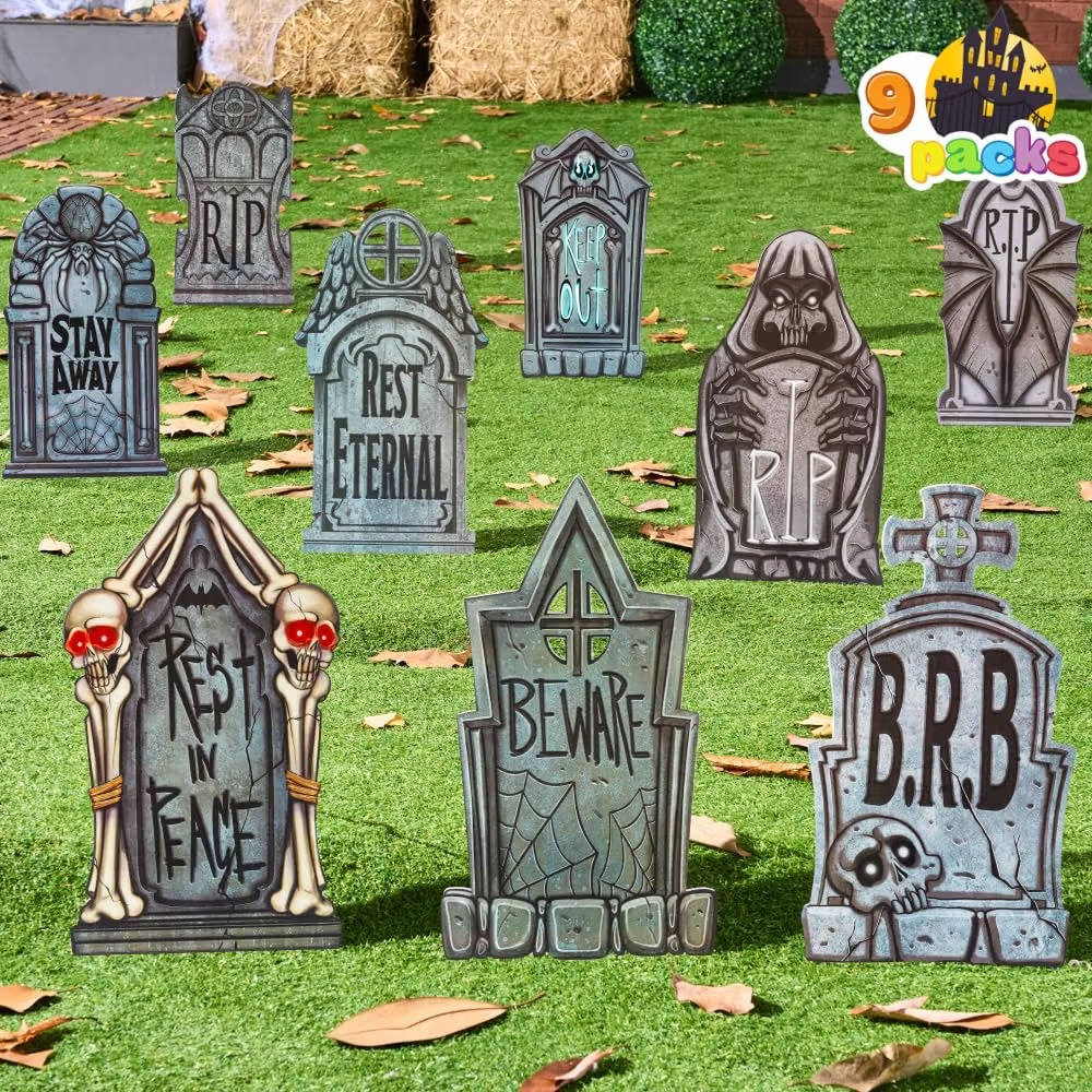 9 PCS 16 Inch Halloween Tombstones, Plastic Graveyard Headstones with 18 Metal Stakes for Outdoor Yard Lawn and Party Decor