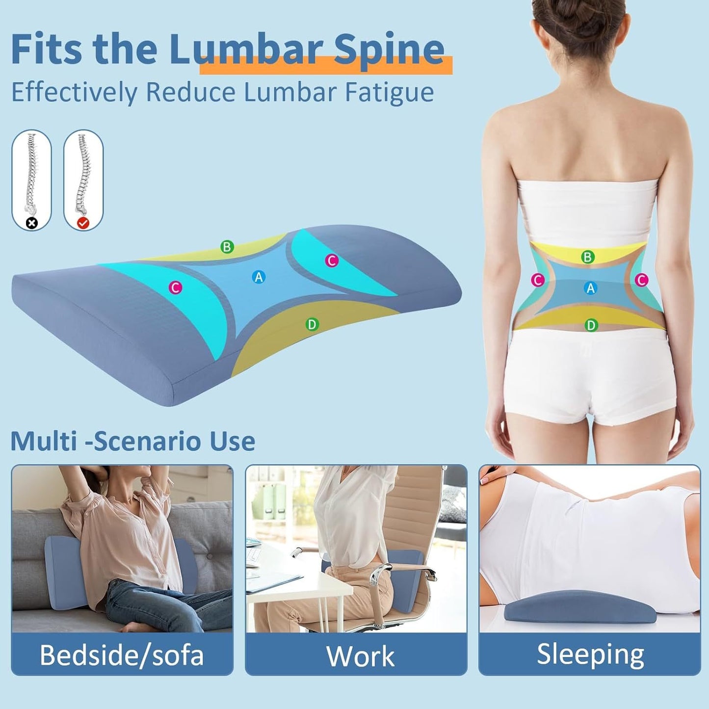 Lower Back Support Pillow, Memory Foam Lumbar Pillow for Sleeping, Cooling Waist Bolster for Side, Back & Stomach Sleepers