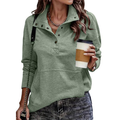 Womens Stand Collar Pullover with Partial Button Placket and Drawstring Neckline