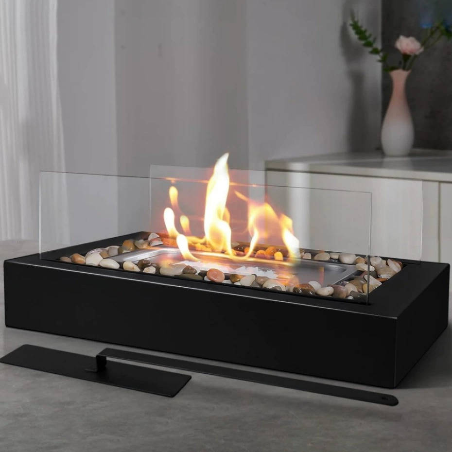 Tabletop Bio Ethanol Fireplace, Portable Rectangular Fire Pit with Dual Glass Wind Guard for Indoor Patio and Balcony