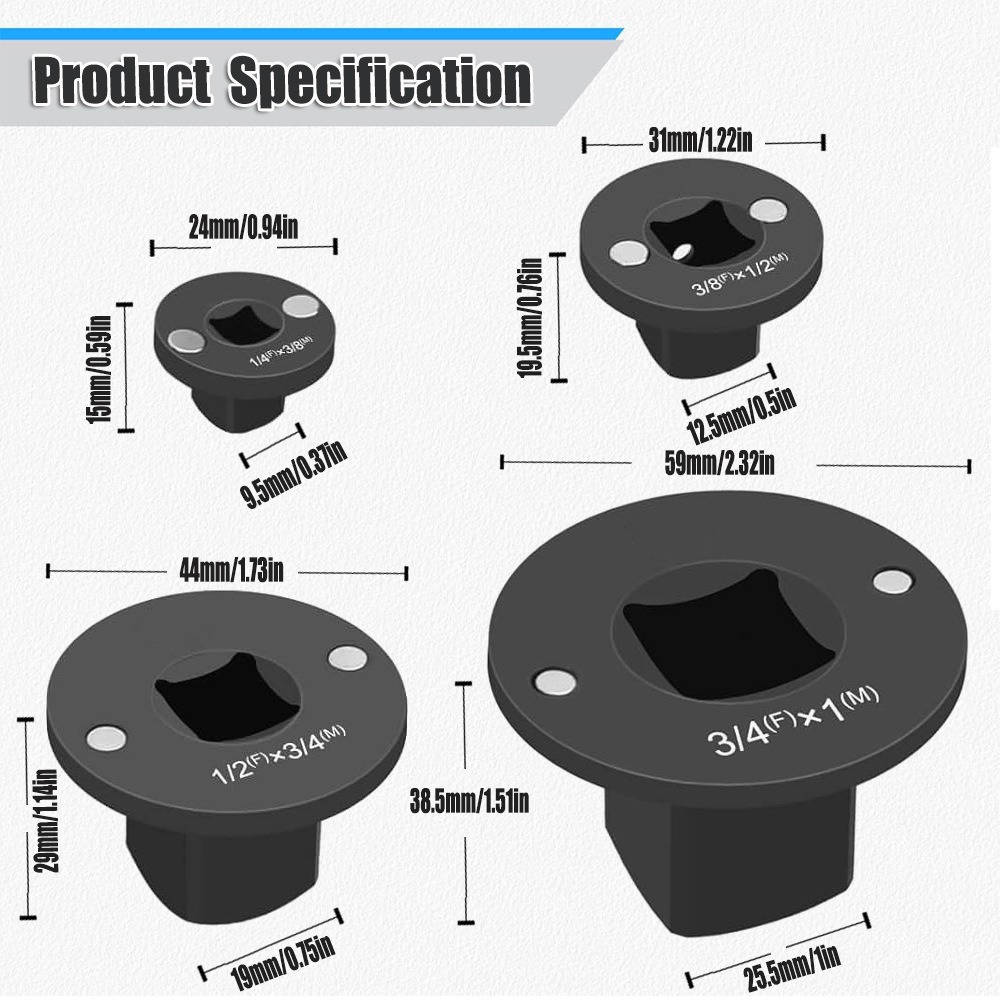4 Piece Impact Socket Adapter Set, Low Profile Stubby Drive Ratchet Adapters, 1/4" to 1" for Tight Spaces
