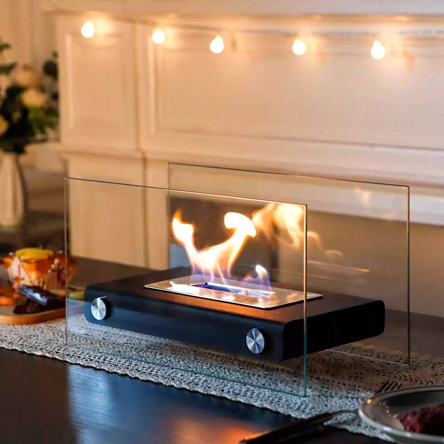 Tabletop Bio Ethanol Fireplace, Portable Rectangular Fire Pit with Dual Glass Wind Guard for Indoor Patio and Balcony