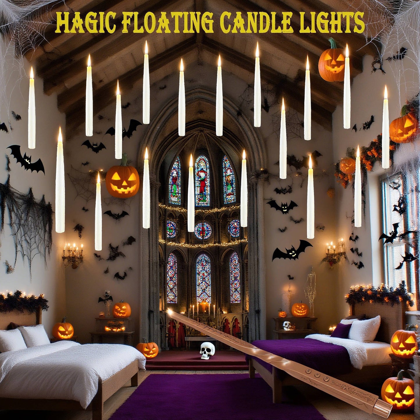 20 Pcs Floating Candles, Halloween Decorations with Wand Timer for Indoor Party Decor and Haunted House Displays
