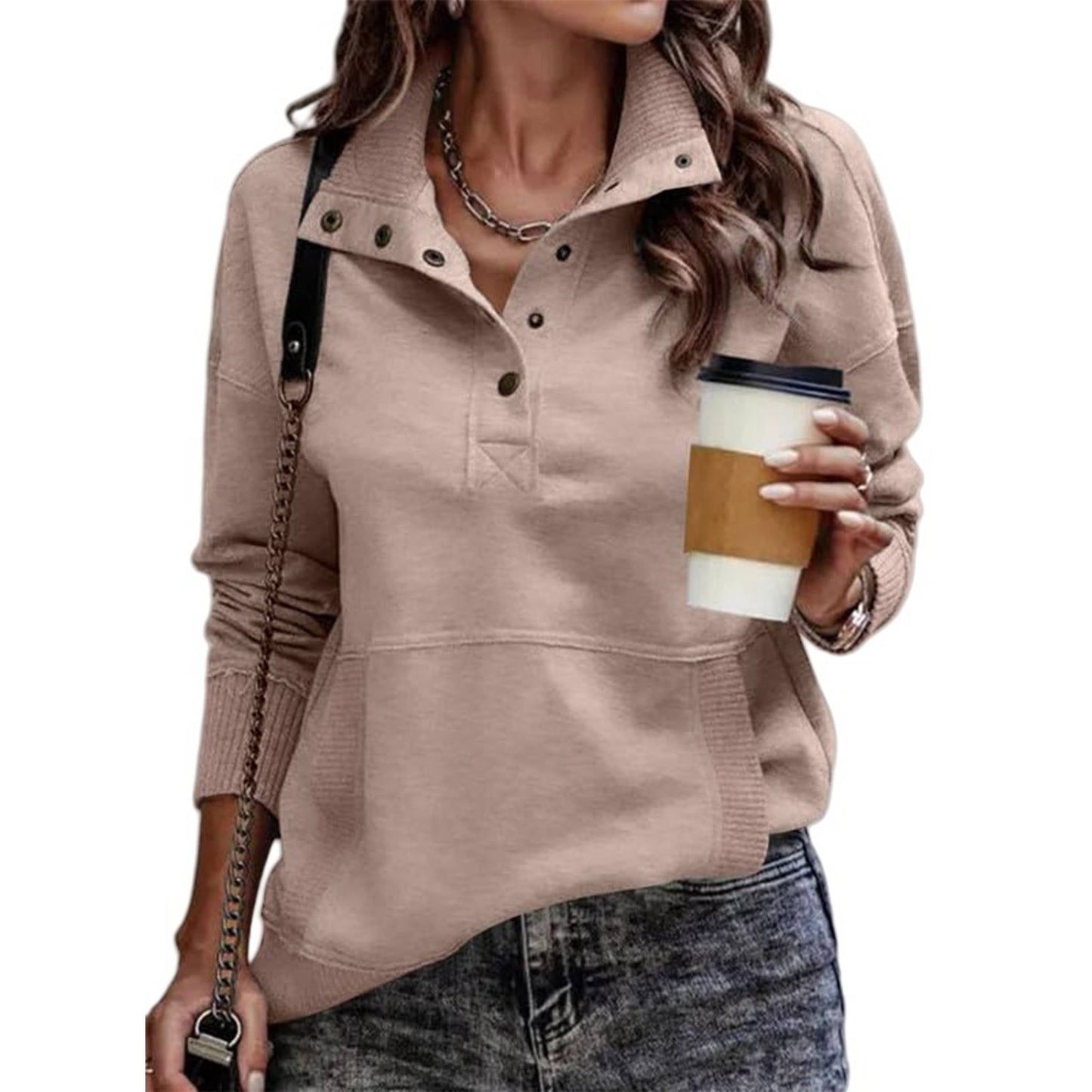 Womens Stand Collar Pullover with Partial Button Placket and Drawstring Neckline