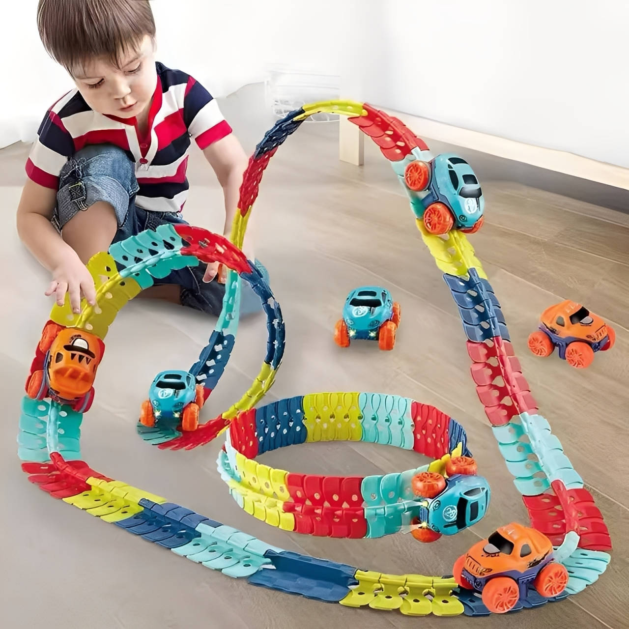 LED Race Track for Kids with Flexible Modular Track and Anti-Tip Car, USB Rechargeable