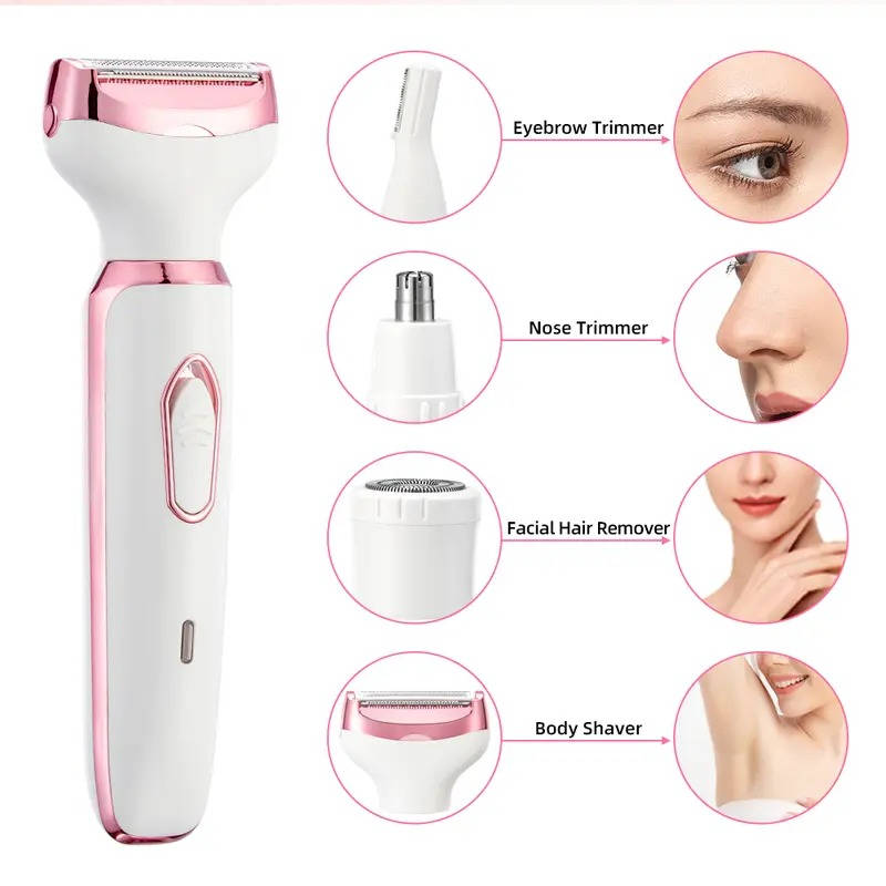 4 in 1 Electric Lady Shaver, Body Hair Trimmer for Face, Nose, Eyebrows & Underarms, Rechargeable Women’s Grooming Kit