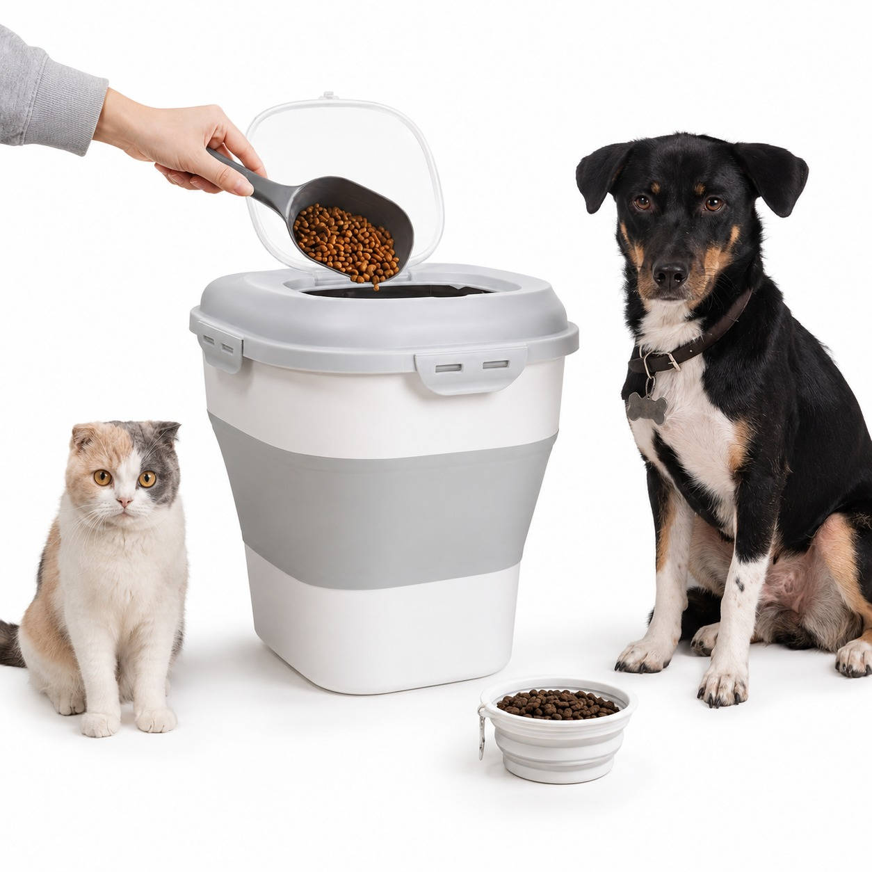 30 to 35 Lbs Dog Food Storage Container, Collapsible Airtight Pet Food Storage with Wheels, Scoop and 2 Containers