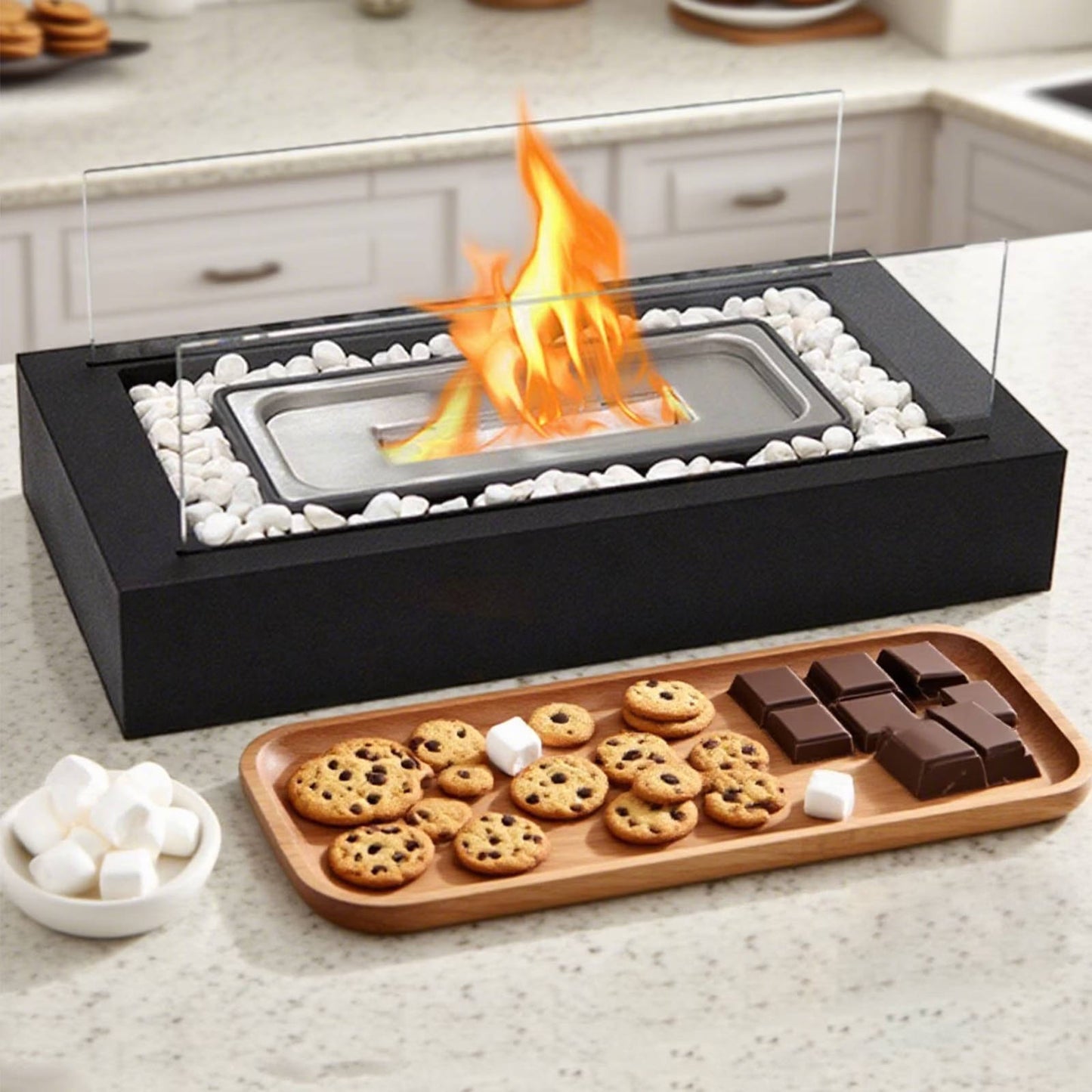 Tabletop Bio Ethanol Fireplace, Portable Rectangular Fire Pit with Dual Glass Wind Guard for Indoor Patio and Balcony