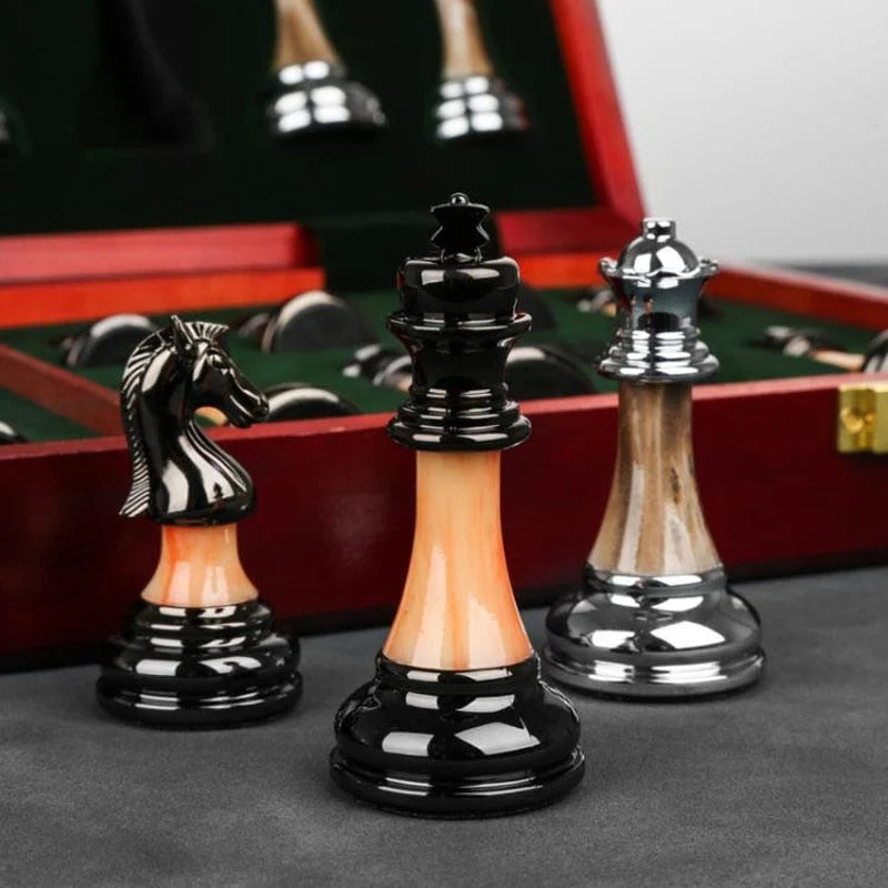Luxurious Metal Chess Set with Large 16.5 in Wooden Board, Premium Chess Game Set