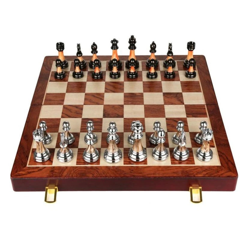 Luxurious Metal Chess Set with Large 16.5 in Wooden Board, Premium Chess Game Set