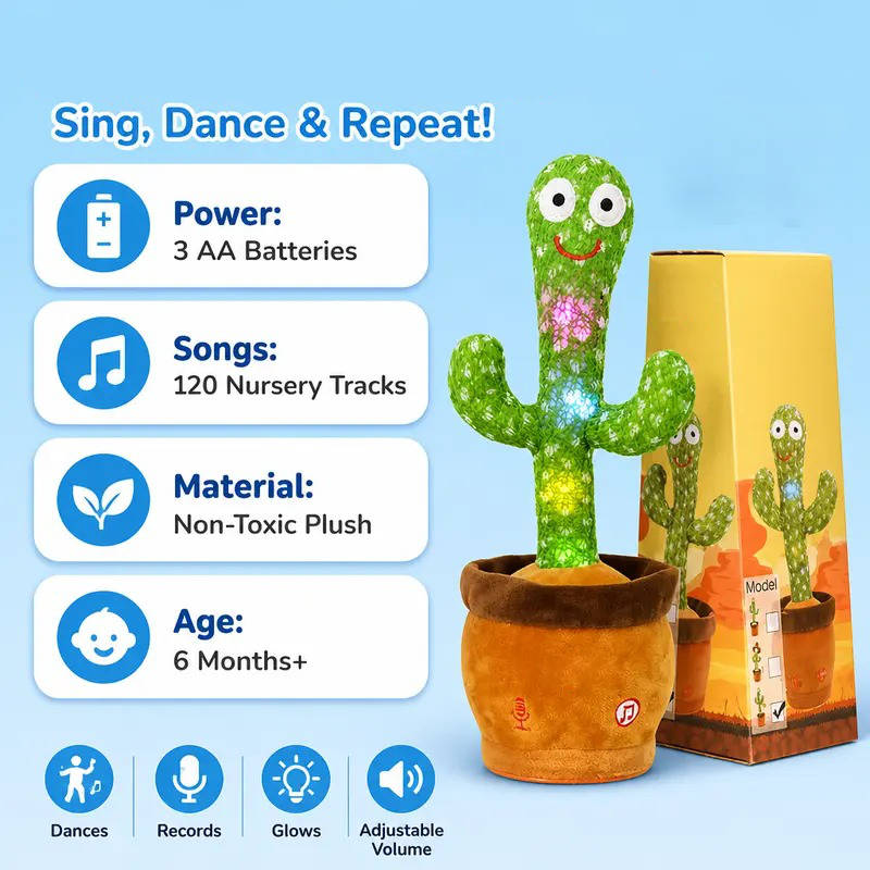 Dancing Cactus Toy, Interactive Talking & Singing Plush Toy, Repeats What You Say, LED Musical Toy for Toddlers