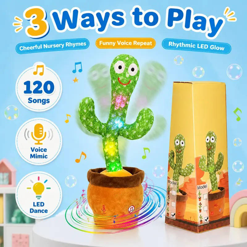Dancing Cactus Toy, Interactive Talking & Singing Plush Toy, Repeats What You Say, LED Musical Toy for Toddlers