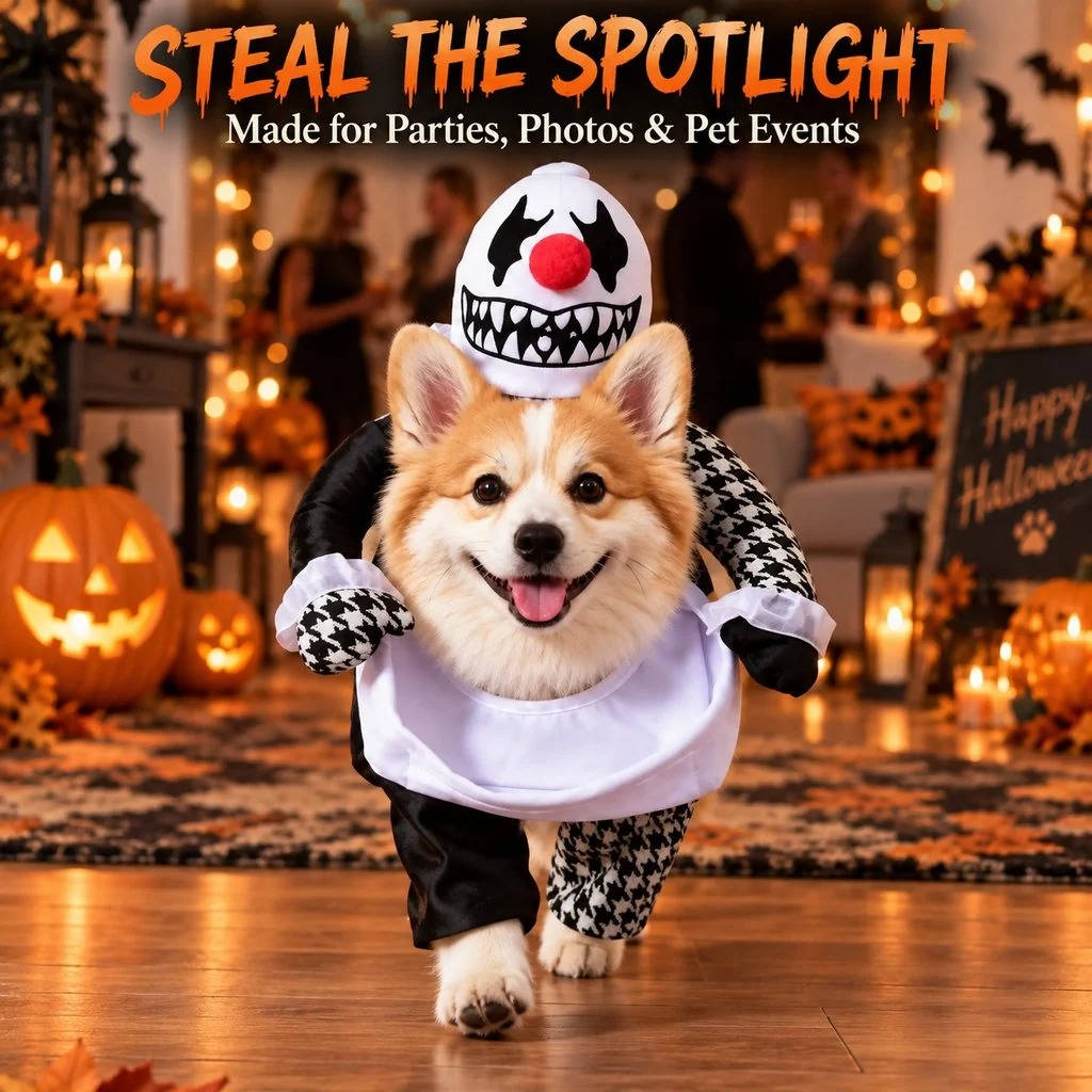 Clown Dog Costume, Creepy Halloween Costume with Fake Arms and 3D Walking Look for Trick or Treating