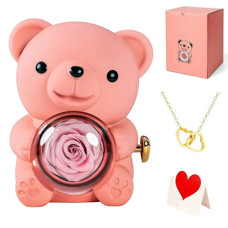 Eternal Forever cute rose bear with romantic heart necklace, best gift for girlfriend, wife, Mother's Day, Christmas, anniversary