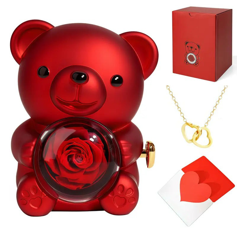 Eternal Forever cute rose bear with romantic heart necklace, best gift for girlfriend, wife, Mother's Day, Christmas, anniversary