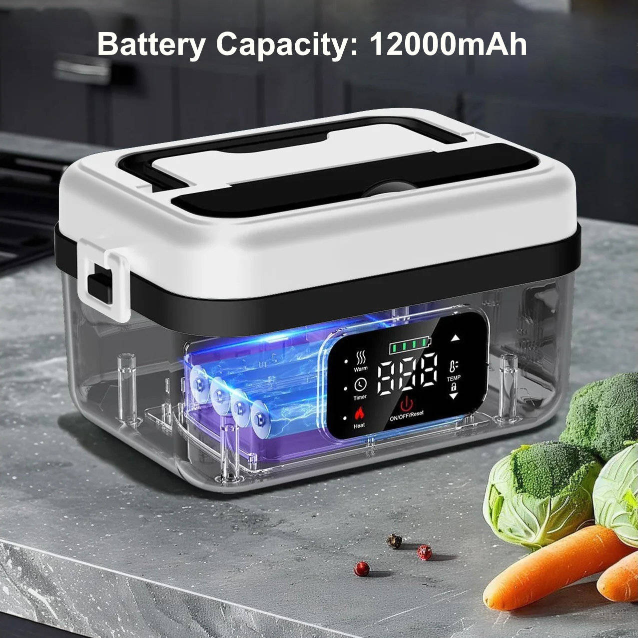 Electric Heated Lunch Box, Cordless 12000mAh Portable Food Warmer, Leak Proof Stainless Steel Container with Timer