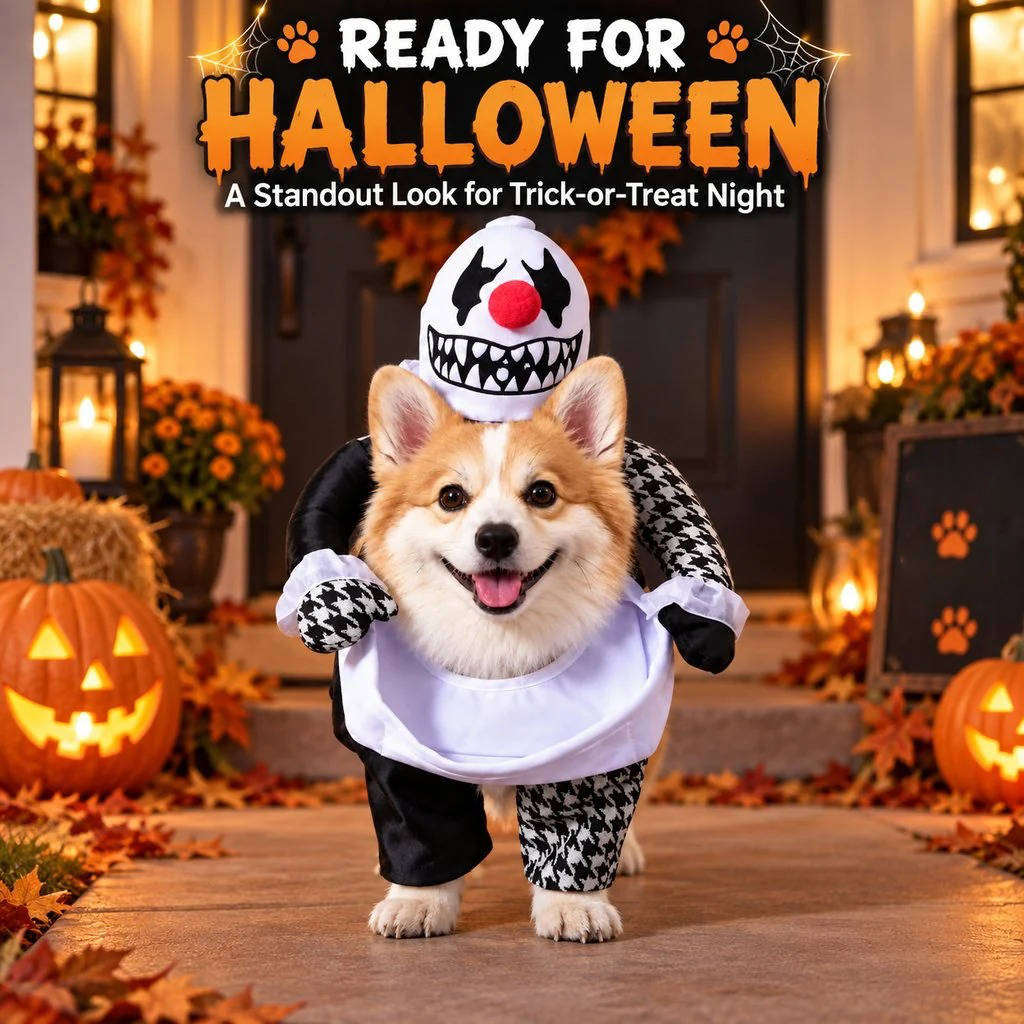 Clown Dog Costume, Creepy Halloween Costume with Fake Arms and 3D Walking Look for Trick or Treating