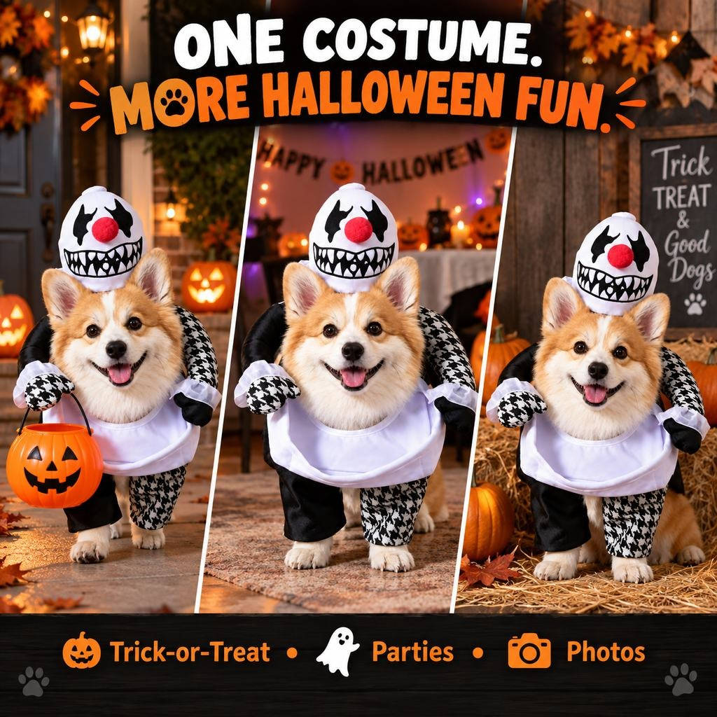 Clown Dog Costume, Creepy Halloween Costume with Fake Arms and 3D Walking Look for Trick or Treating