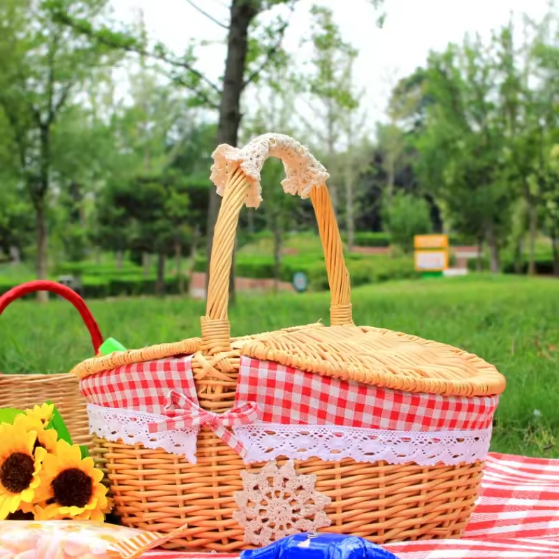 Oval Willow Picnic Basket with Dual Lids and Removable Cotton Liner