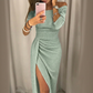 Formal Off Shoulder Dress with Full Sleeves and Side Slit