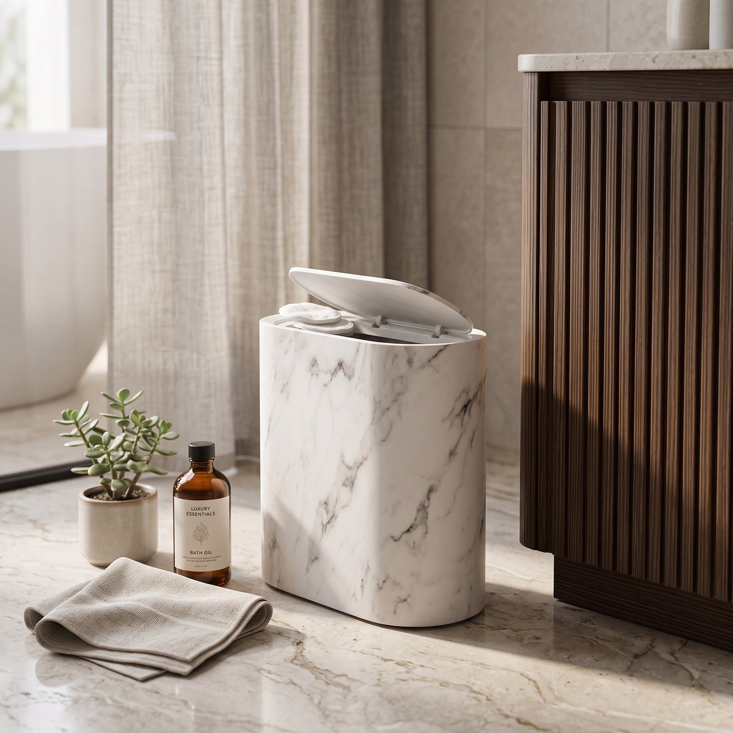 Push Top Trash Can with Marble Texture and Elliptical Corner Shape