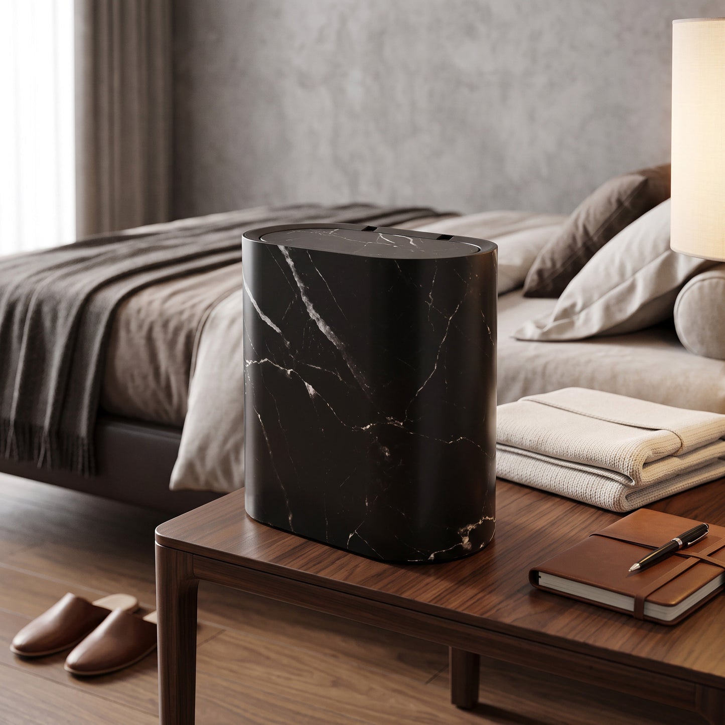 Push Top Trash Can with Marble Texture and Elliptical Corner Shape