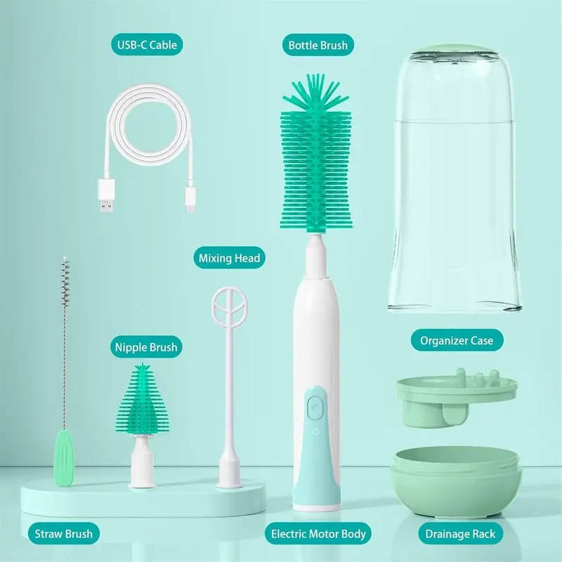 6 Pack Electric Bottle Cleaning Brush Set, 360 Degree Rotating Silicone Baby Bottle Nipple Straw Cleaner Kit Waterproof
