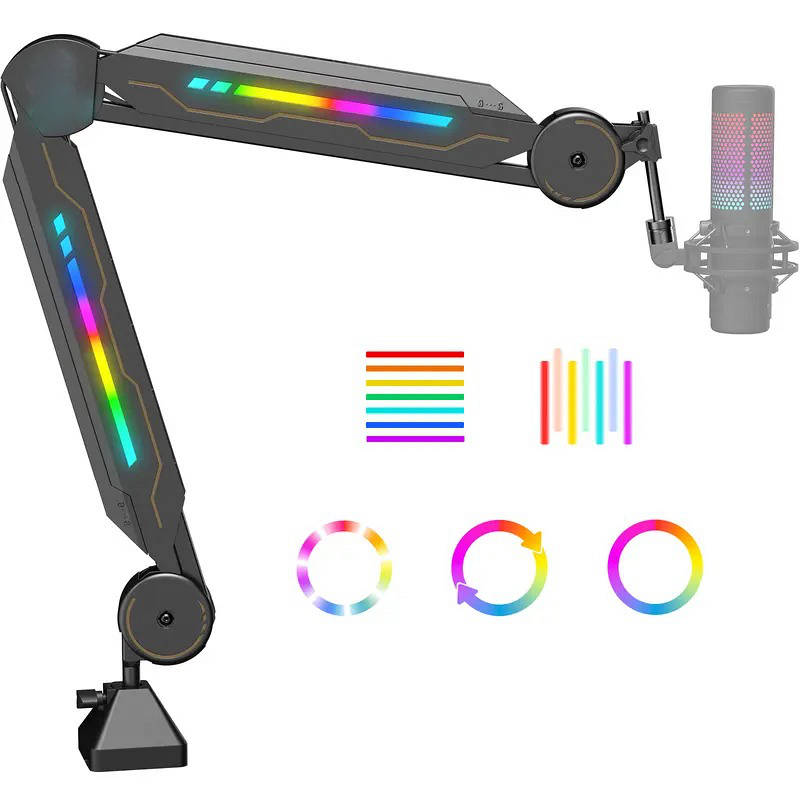 RGB Mic Boom desk Arm Stand Adjustable, 11 Light Modes Durable Steel USB Mic Stand for Gaming Streaming Podcast Recording