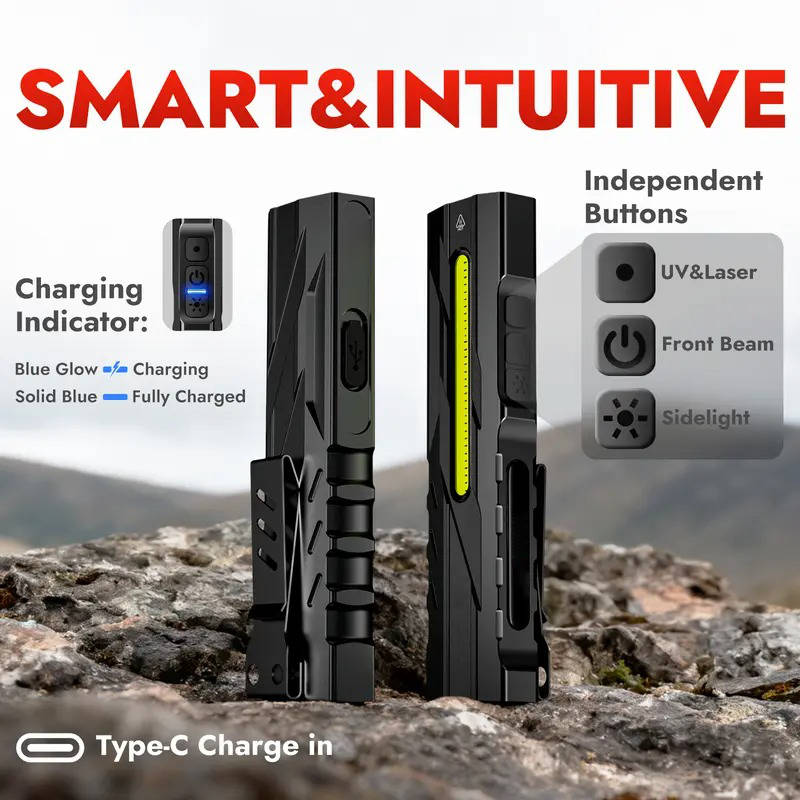 1500 Lumens LED Flashlight, USB C Rechargeable Multi Light with UV, Red Laser, Magnetic Tail, and Side Flood Light