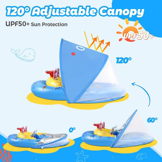 Baby Pool Float with Canopy UPF50 Plus, Anti Tip Safety Seat Inflatable Float for 6 to 36 Months with Adjustable Sun Shade