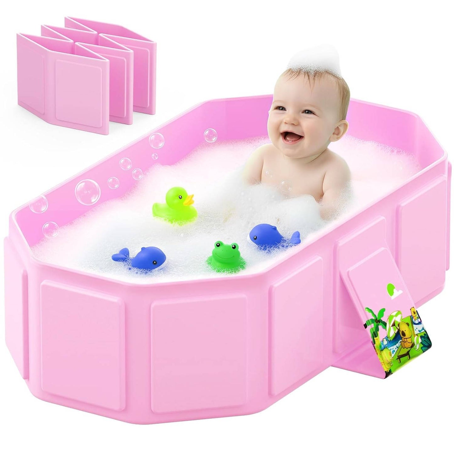 Collapsible Baby Bathtub with Inflatable Top Edge, Portable Non-Tilt Infant Bath Tub for Toddlers (12 Months to 6 Years), No-Assembly Travel Shower Tub